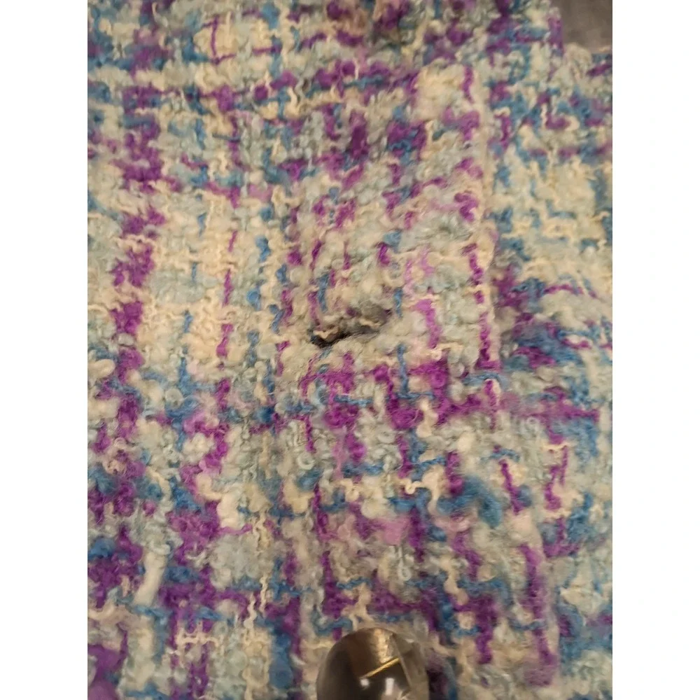 Gus Mayer Tweed Coat Womens Vintage Purple Blue Plaid Mod Longline Funnel Neck